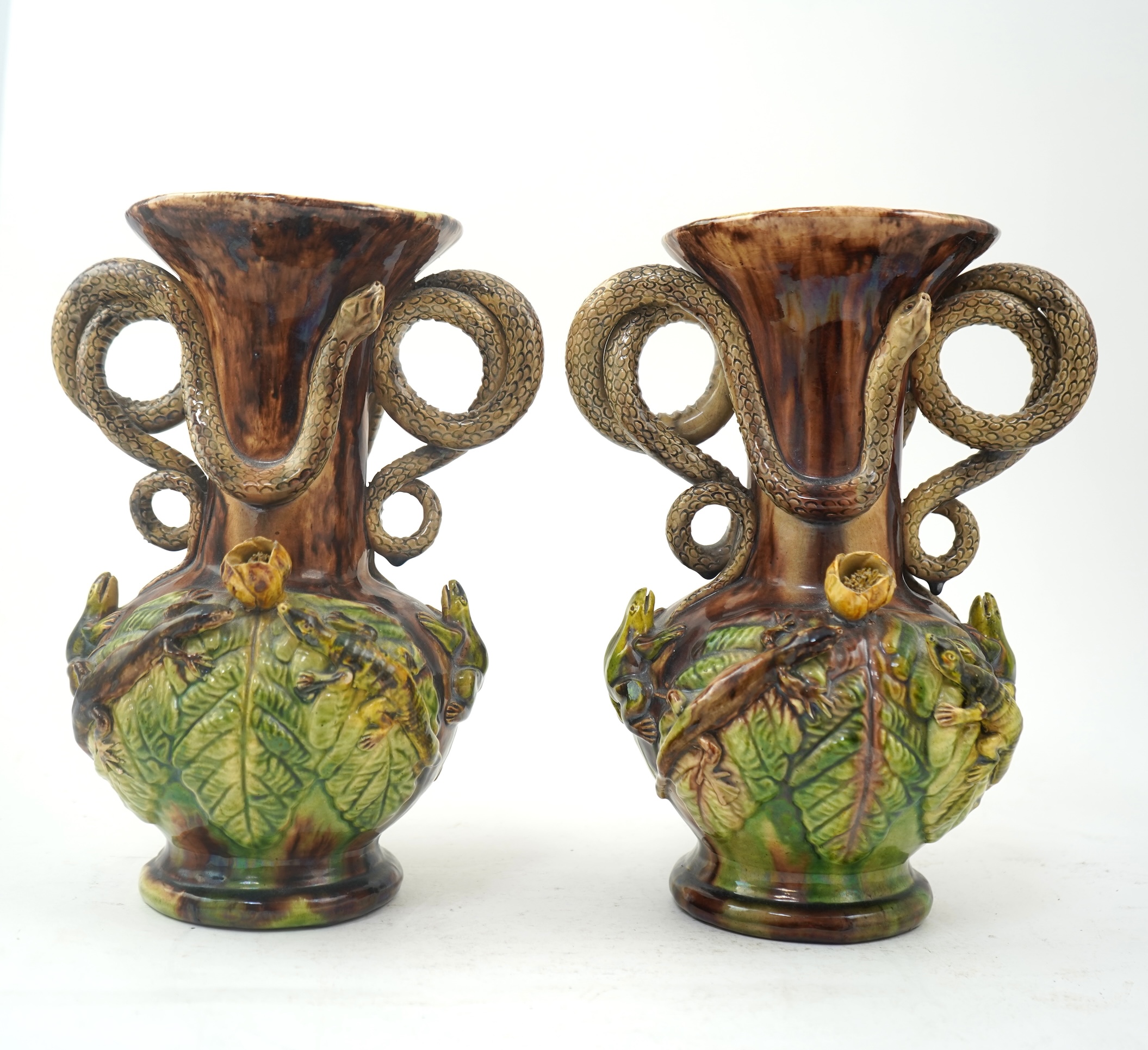 A pair of Palissy ware two handled vases, by Mafra Caldas Da Rainha, late 19th century